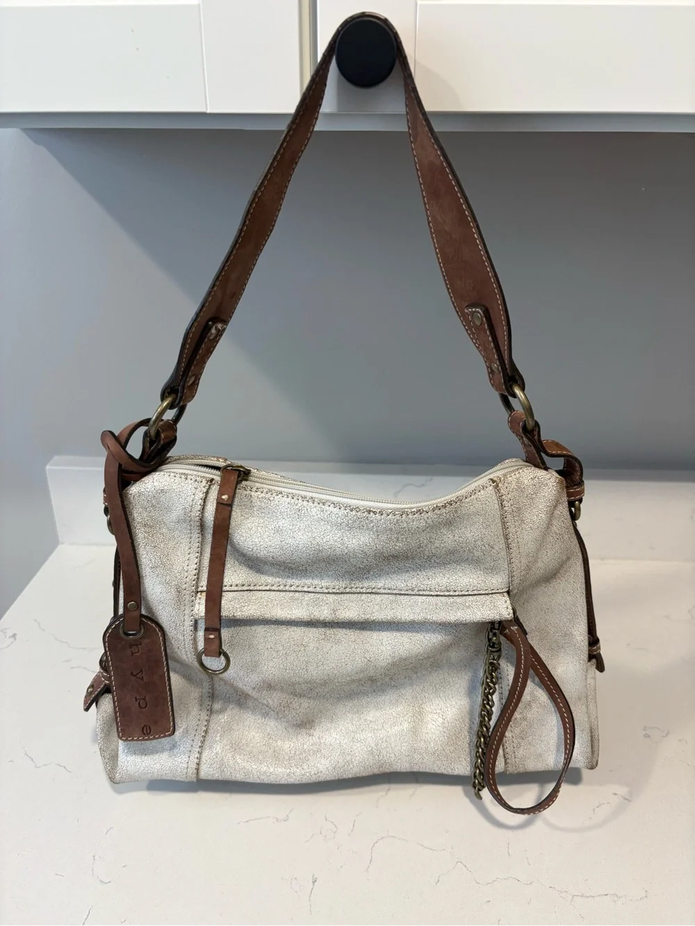 white crackle distressed leather Hype Shoulder Bag